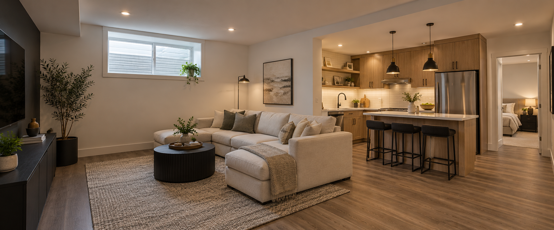 Design inspiration showing a finished basement secondary suite with living area and kitchen